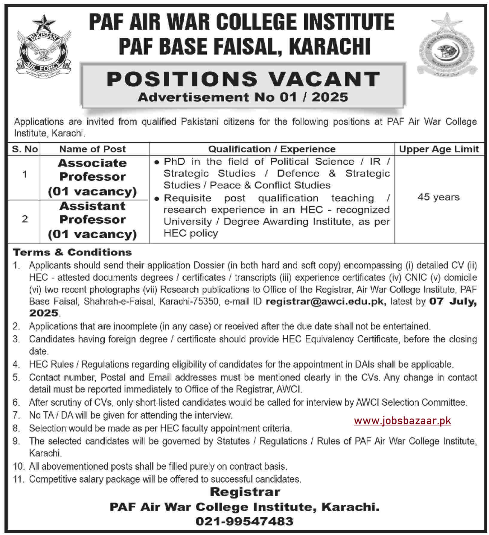 Pak Air War College Institute, Karachi - Faculty Positions Vacant Adv-01/2025