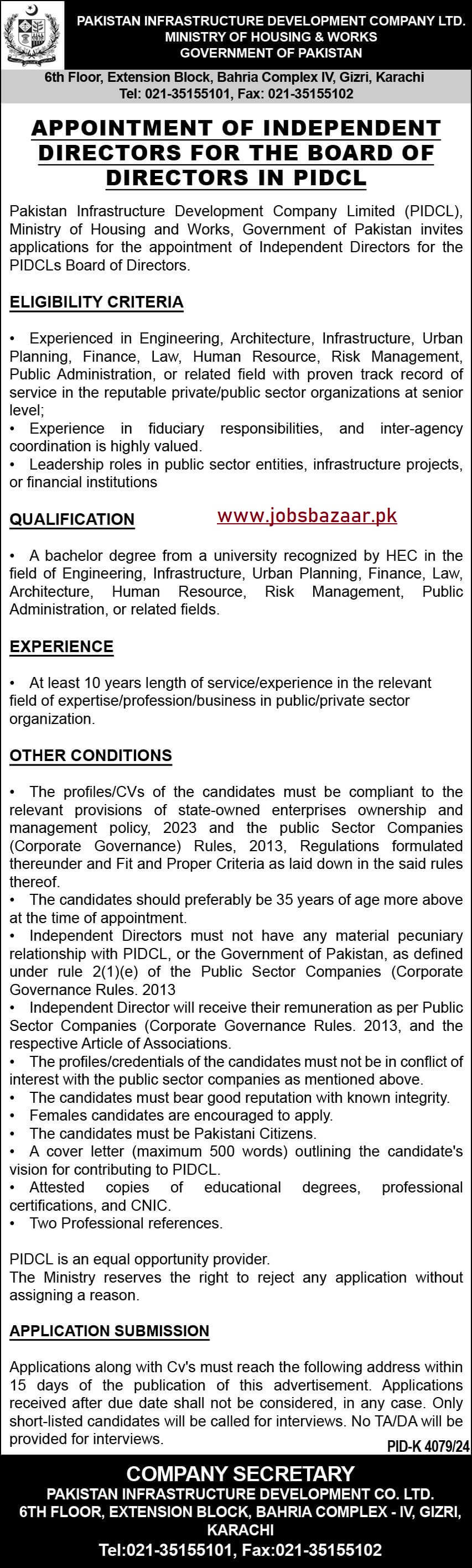 Ministry of Housing & Works - Appointment of Independent Directors for BOD in PIDCL 06-2024