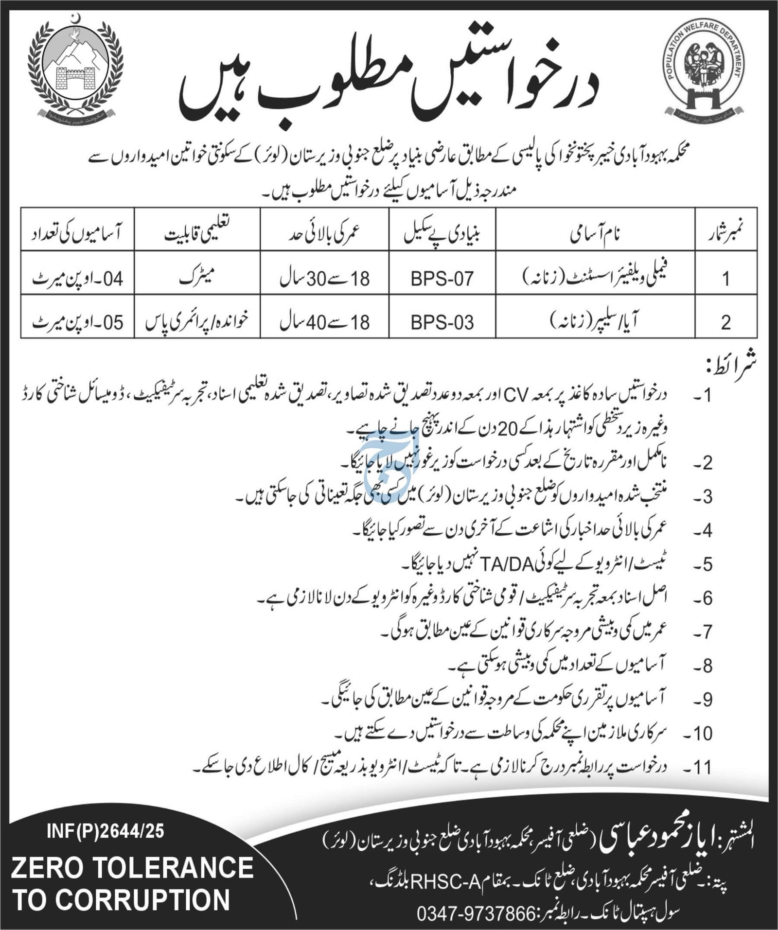Population Welfare South Waziristan Lower, FWA & Aya Vacancies 07-2025