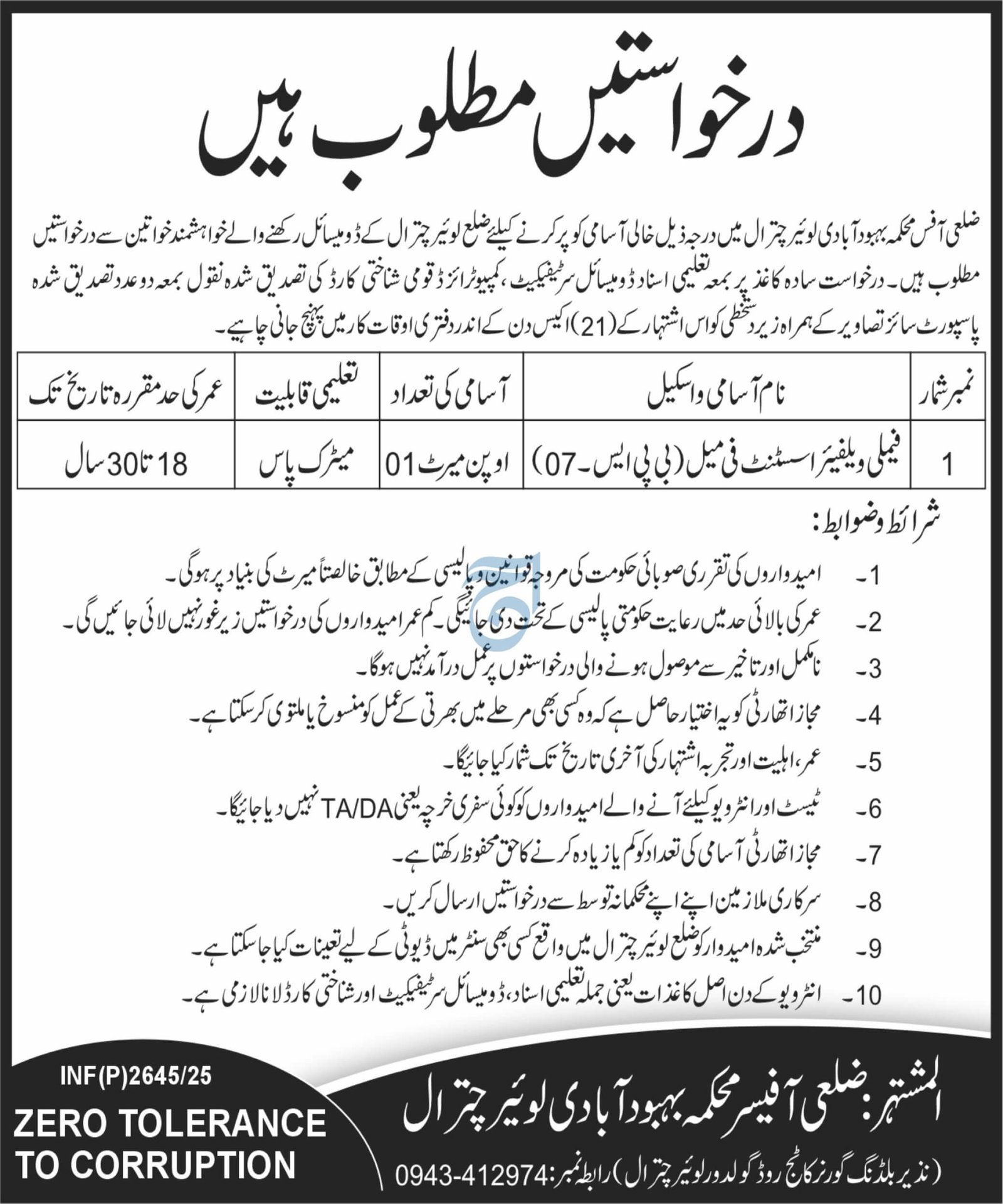 Population Welfare Chitral Lower, FWA Vacancies 07-2025
