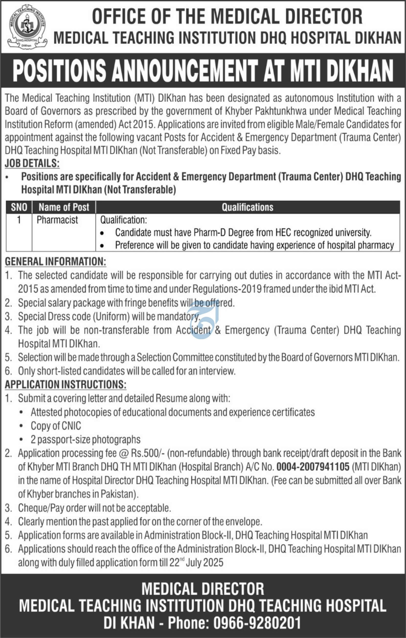 DHQ Teaching Hospital Dera Ismail Khan - Pharmacist Trauma Center DHQ MTI-DIKhan position vacant 07-2025