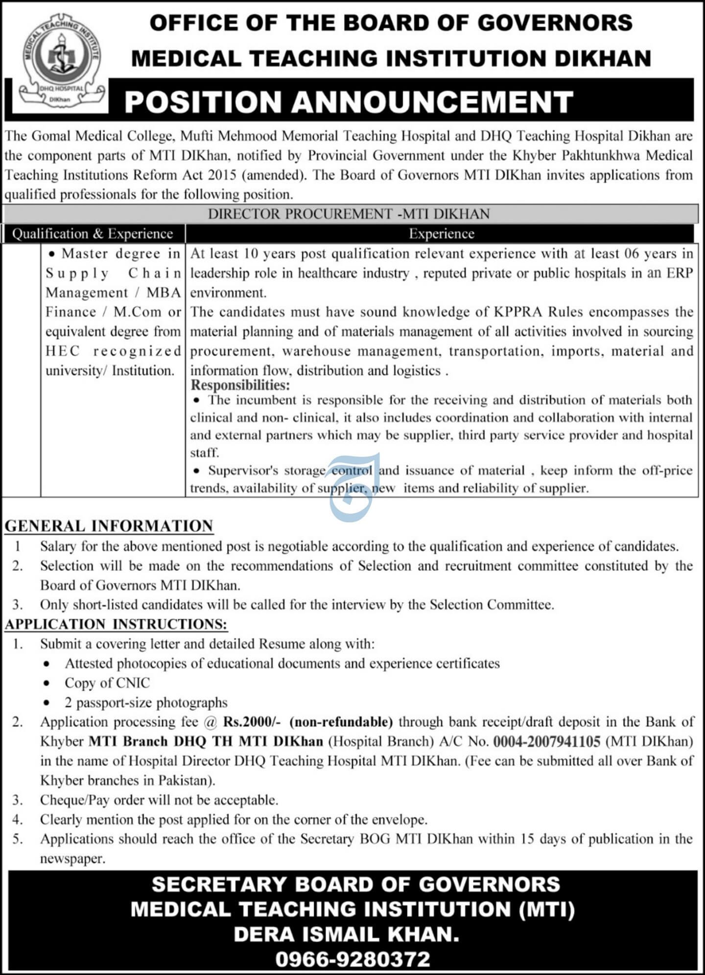 Gomal Medical College, Mufti Mehmood & DHQ Teaching Hospitals Dera Ismail Khan - Director Procurement MTI-DIKhan Position Announcement 07-2025