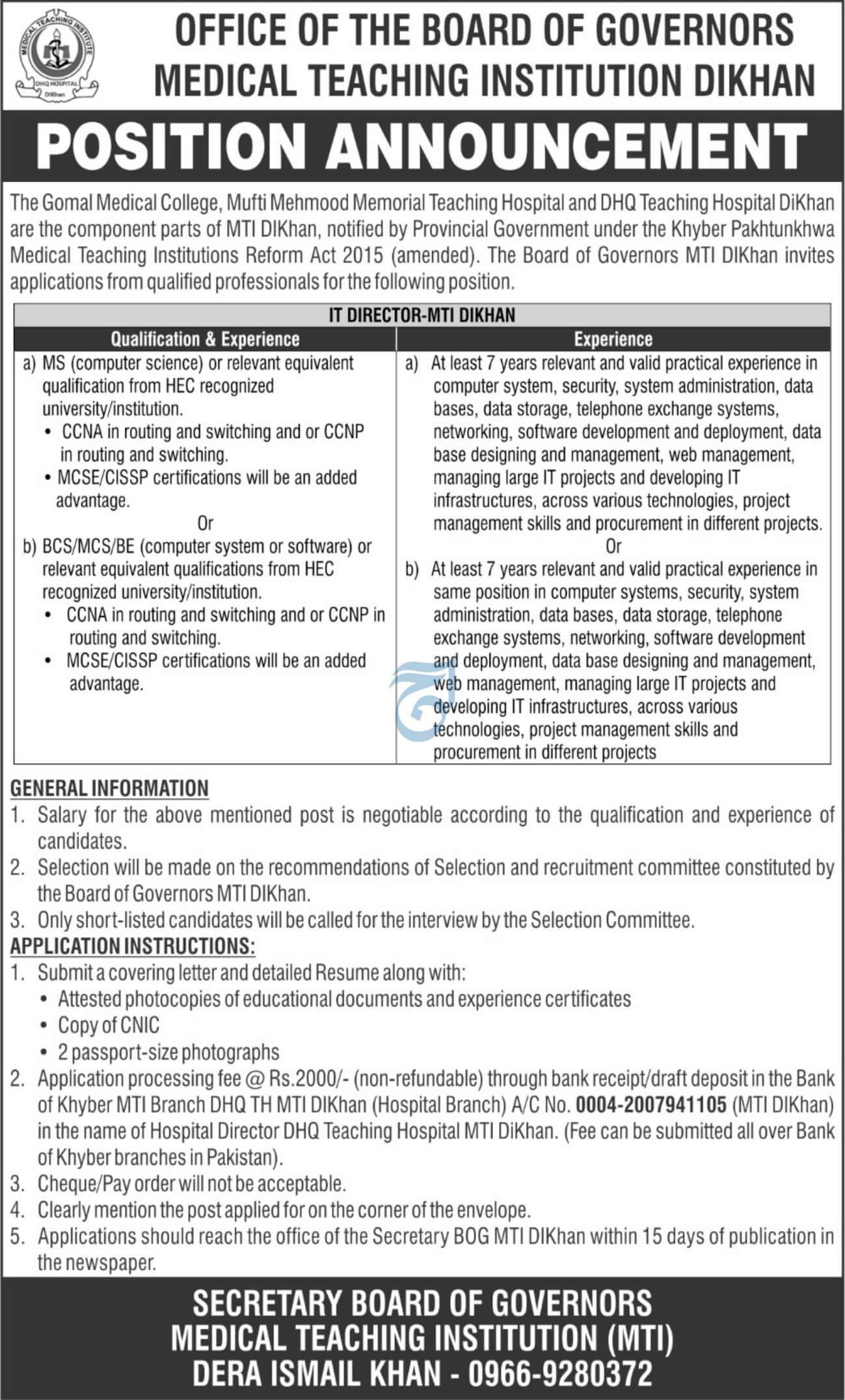 Gomal Medical College, Mufti Mehmood & DHQ Teaching Hospitals Dera Ismail Khan - Director IT MTI-DIKhan Position Announcement 07-2025