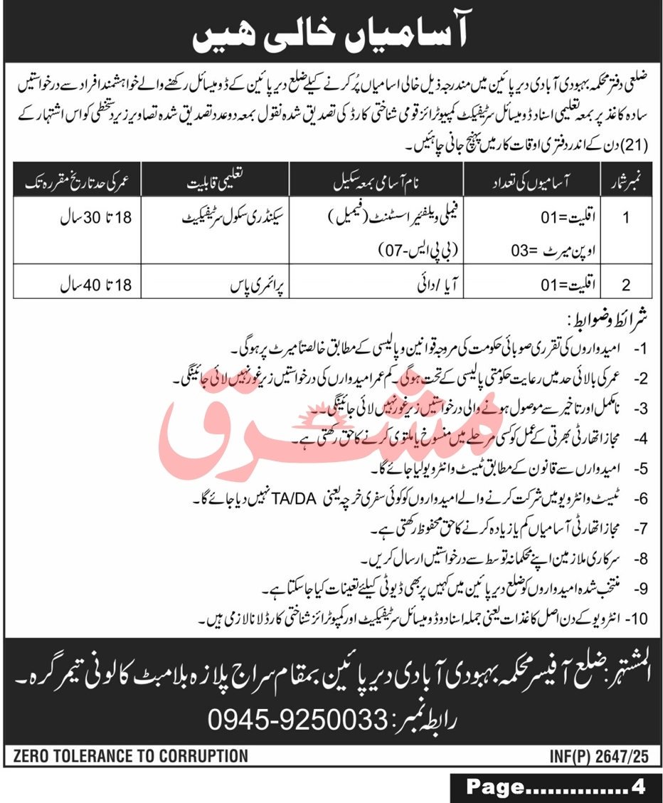 Population Welfare Dir Lower at Timergara, FWA & Aya Vacancies 07-2025