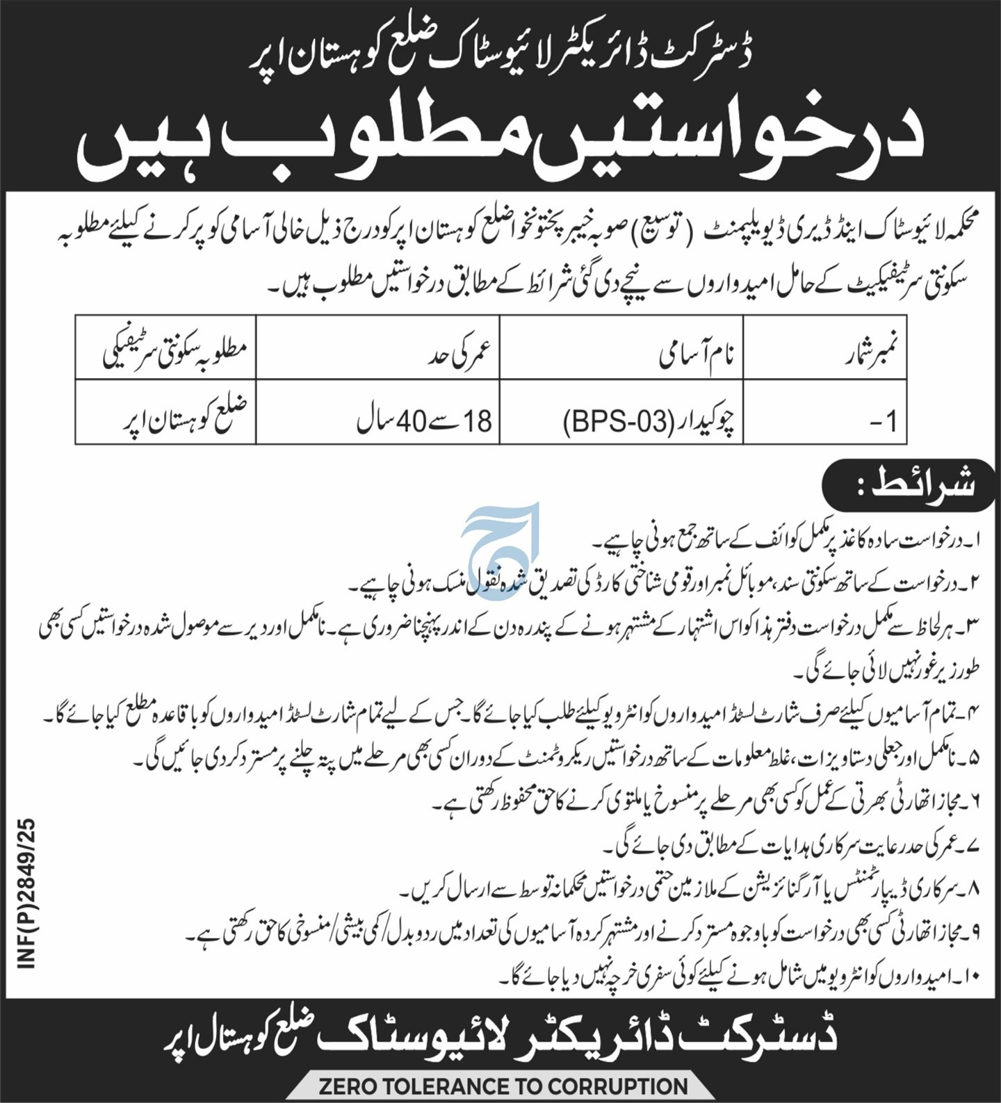 Livestock & Dairy Development Extension, District Kohistan Upper Vacancies 07-2025