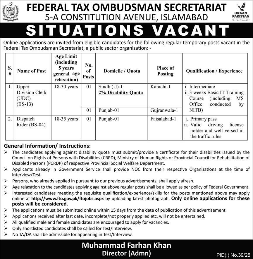 Federal Tax Ombudsman Secretariat Islamabad UDC & Dispatch Rider Vacancies 07-2025