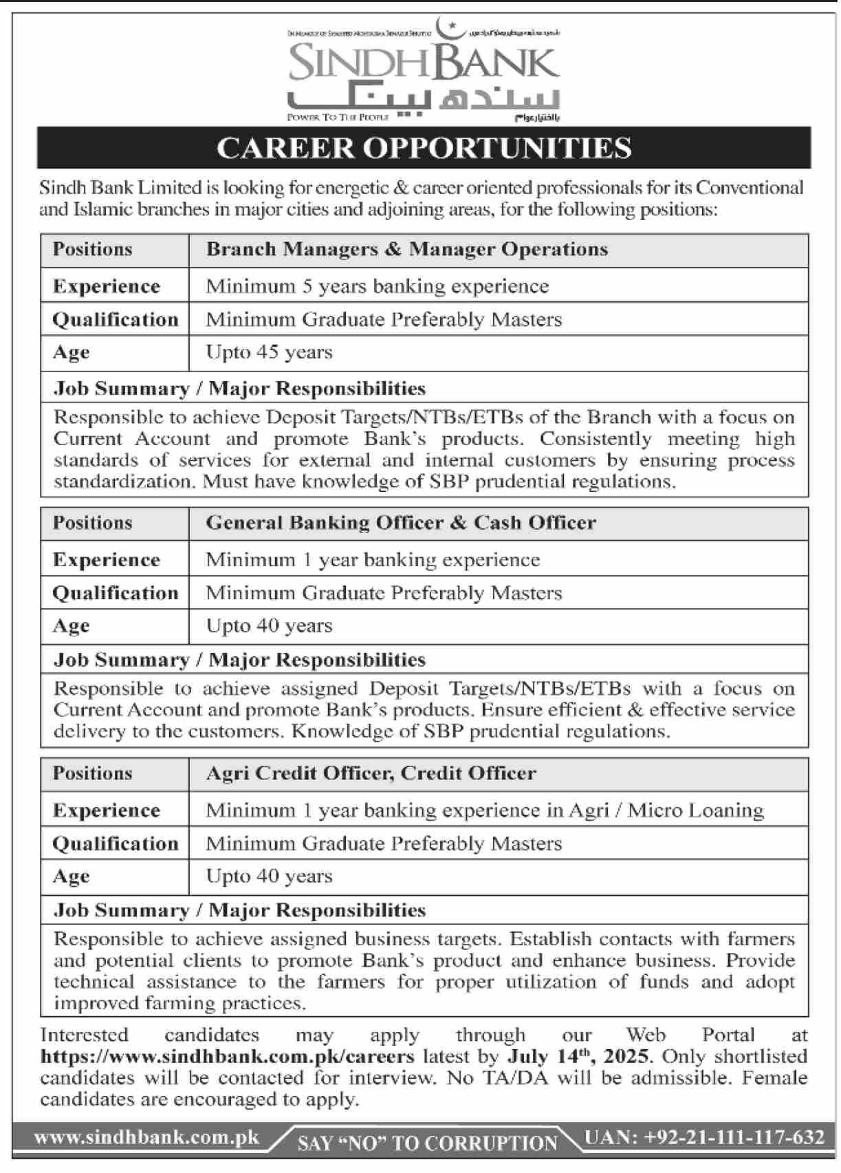 Sindh Bank Career Opportunities Branch Managers Operations & Credit Officers 07-2025
