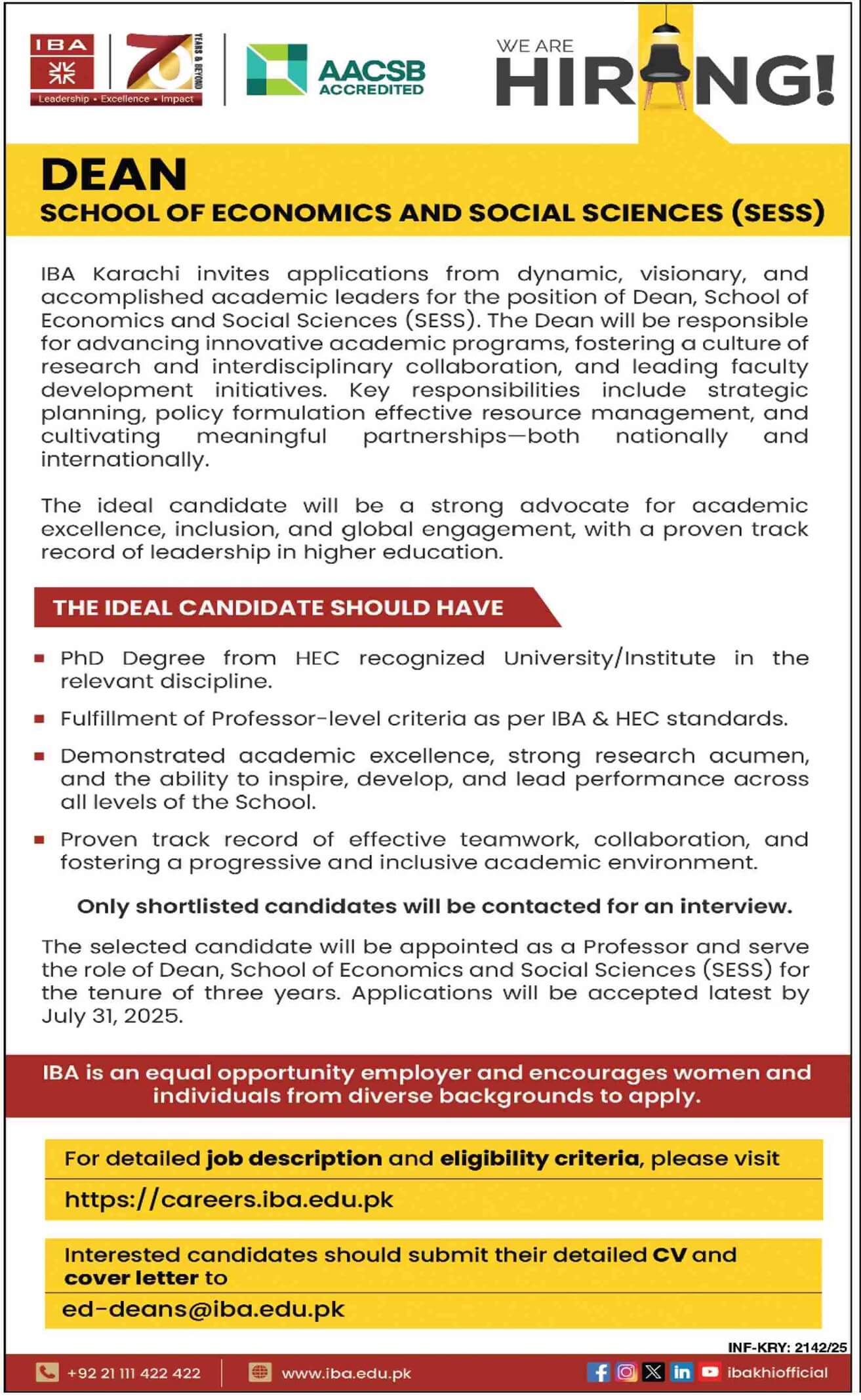 Dean School of Economics & Social Sciences Vacancy IBA Karachi 07-2025