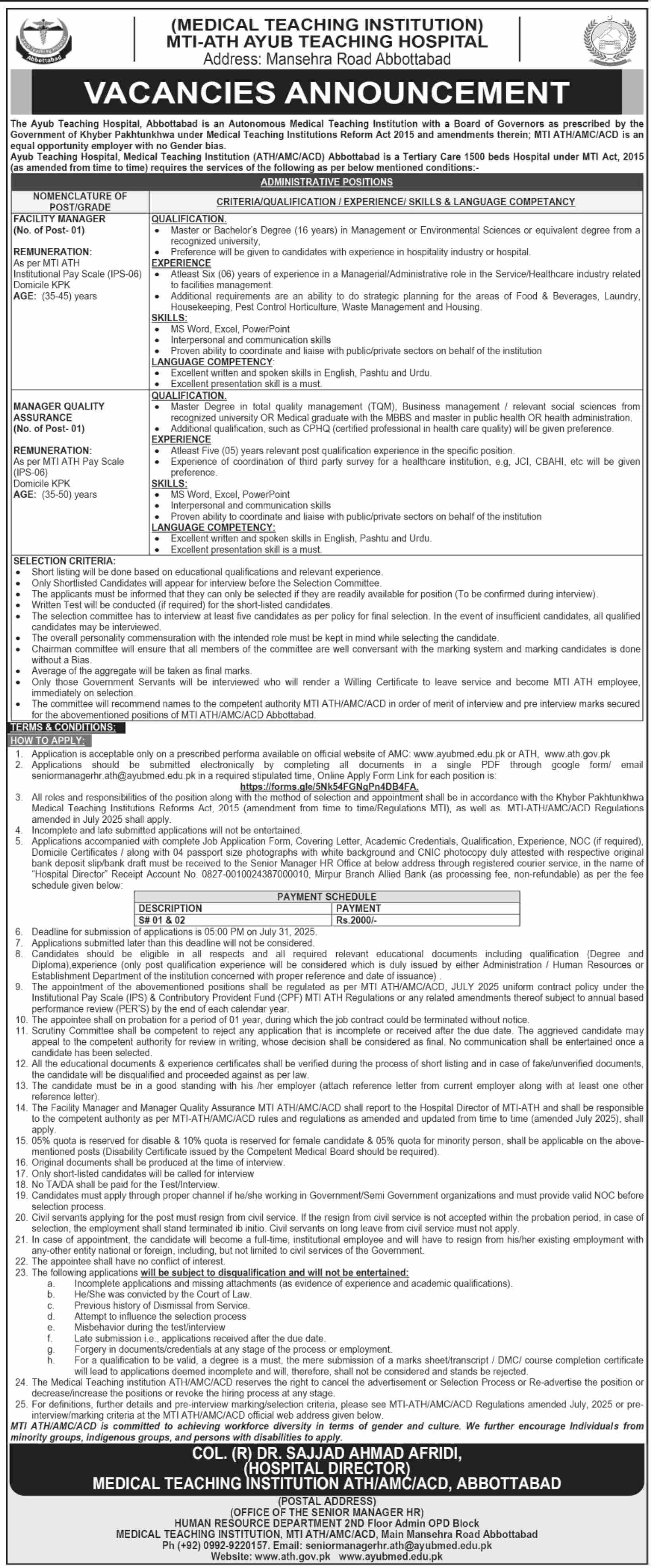 Facility Manager & Manager QA Jobs at Ayub Teaching Hospital MTI-ATH/AMC/ACD Abbottabad 07/2025