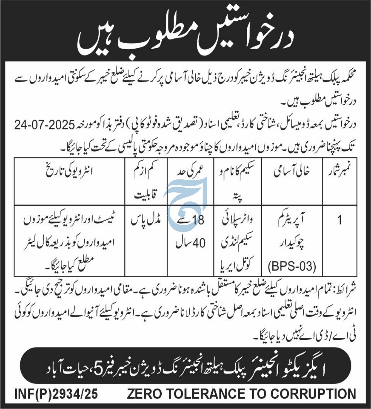 Operator-cum-Chowkidar Job at Water Supply Scheme Landi Kotal, Public Health Engineering Division Khyber 07/2025
