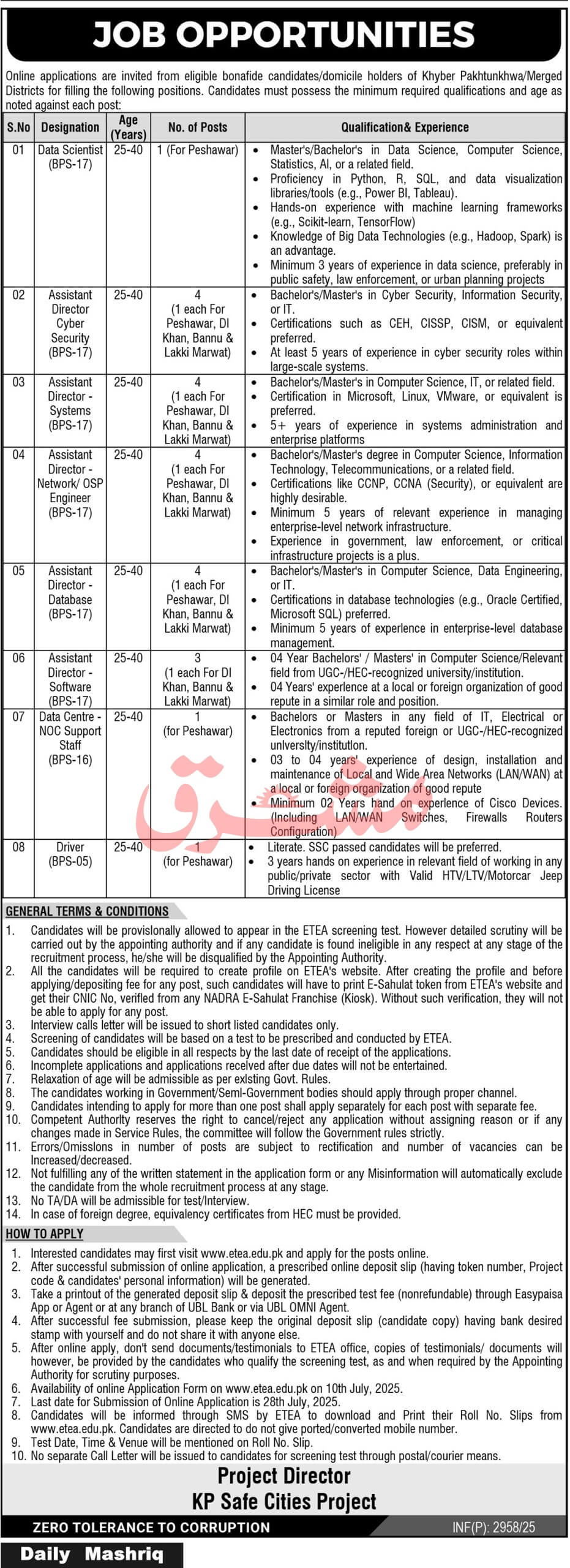 Assistant Director & IT Professionals Vacancies – Khyber Pakhtunkhwa Police Safe City Project 07/2025