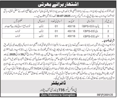 Public Sector Department Jobs in District Tank via PO Box 735 University of Peshawar 07/2025