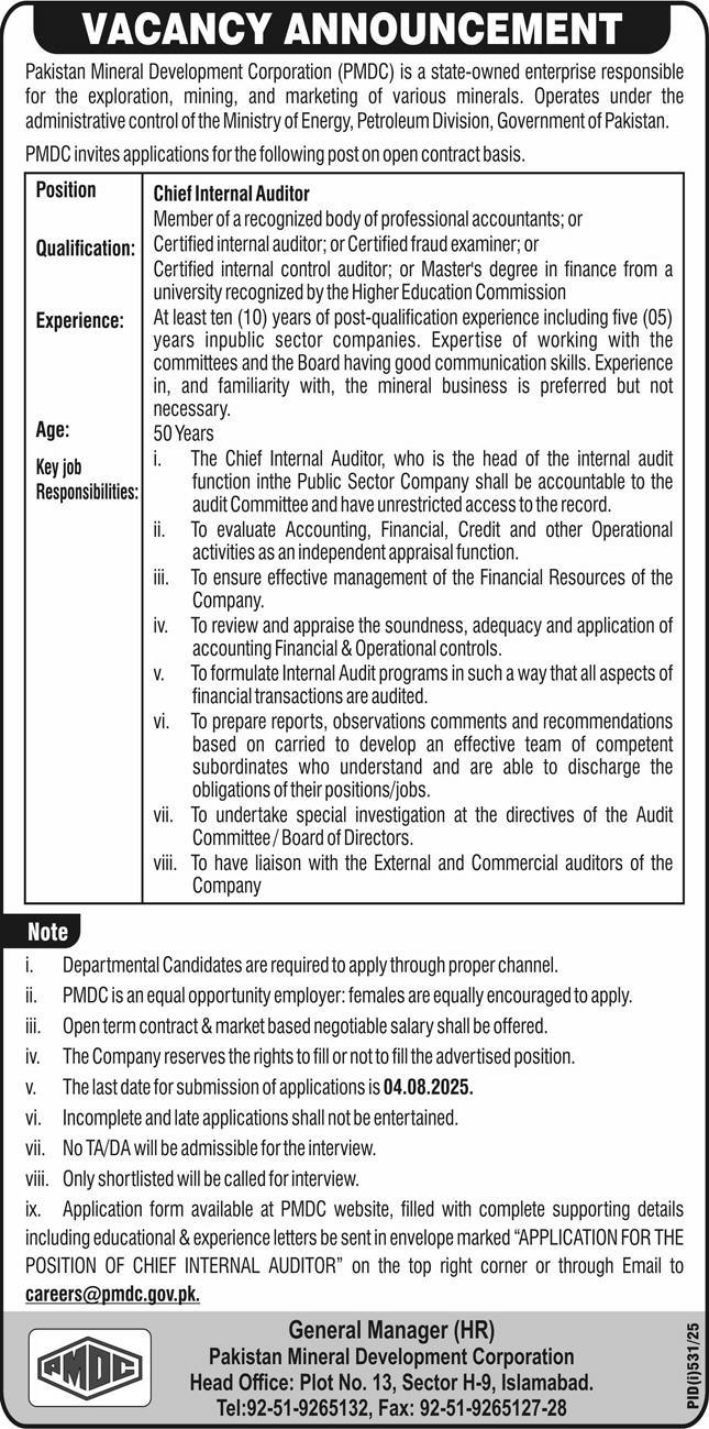 Chief Internal Auditor PMDC Vacancy – Pakistan Mineral Development Corporation Jobs 07/2025