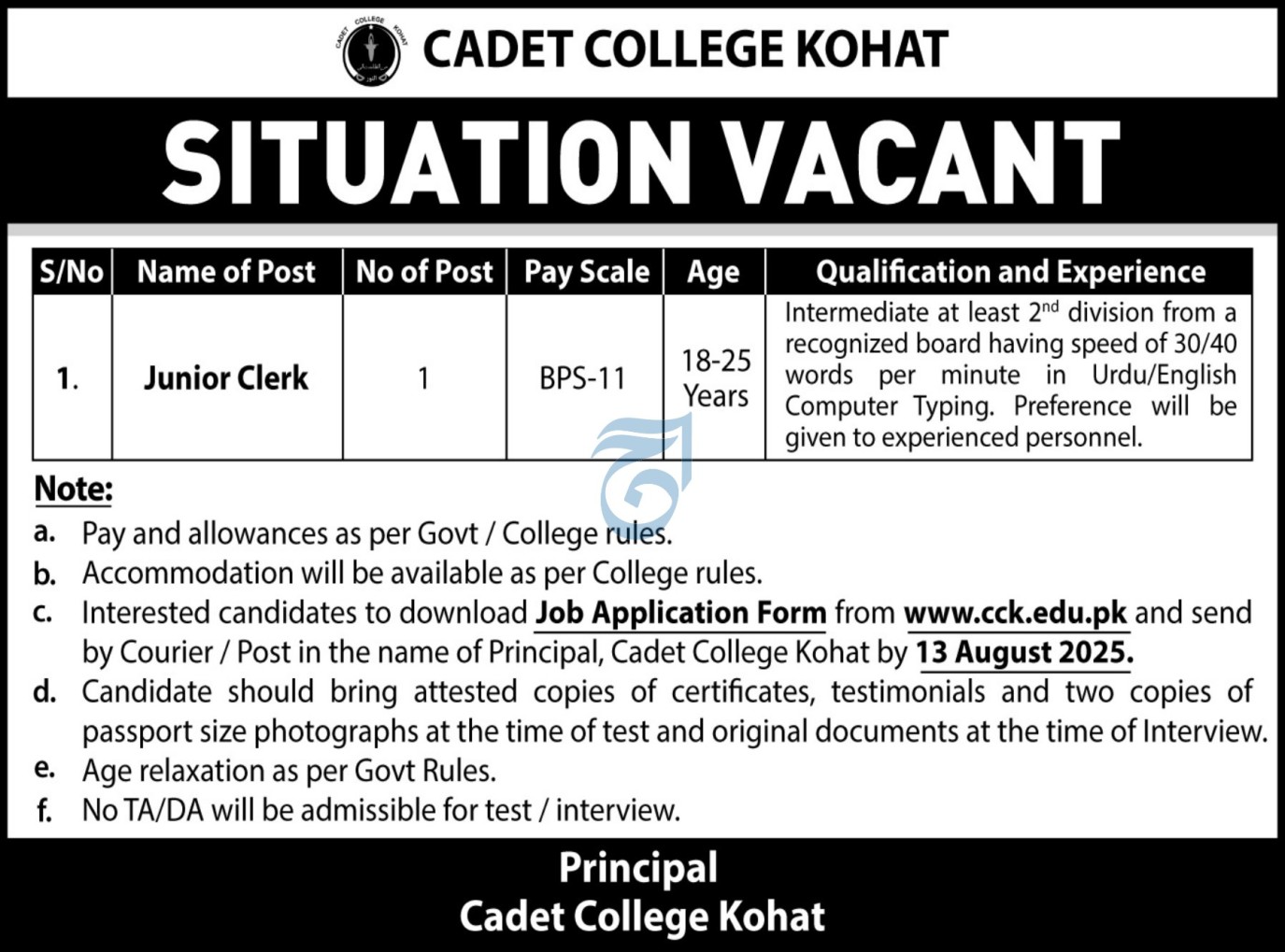 Junior Clerk Vacancy at Cadet College Kohat 07/2025