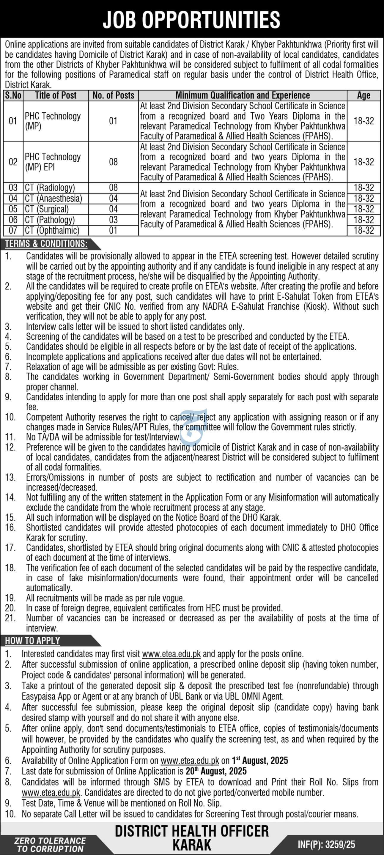 Health Department Karak Jobs – CT, PHC Technicians & Paramedical Staff Vacancies via ETEA 07/2025