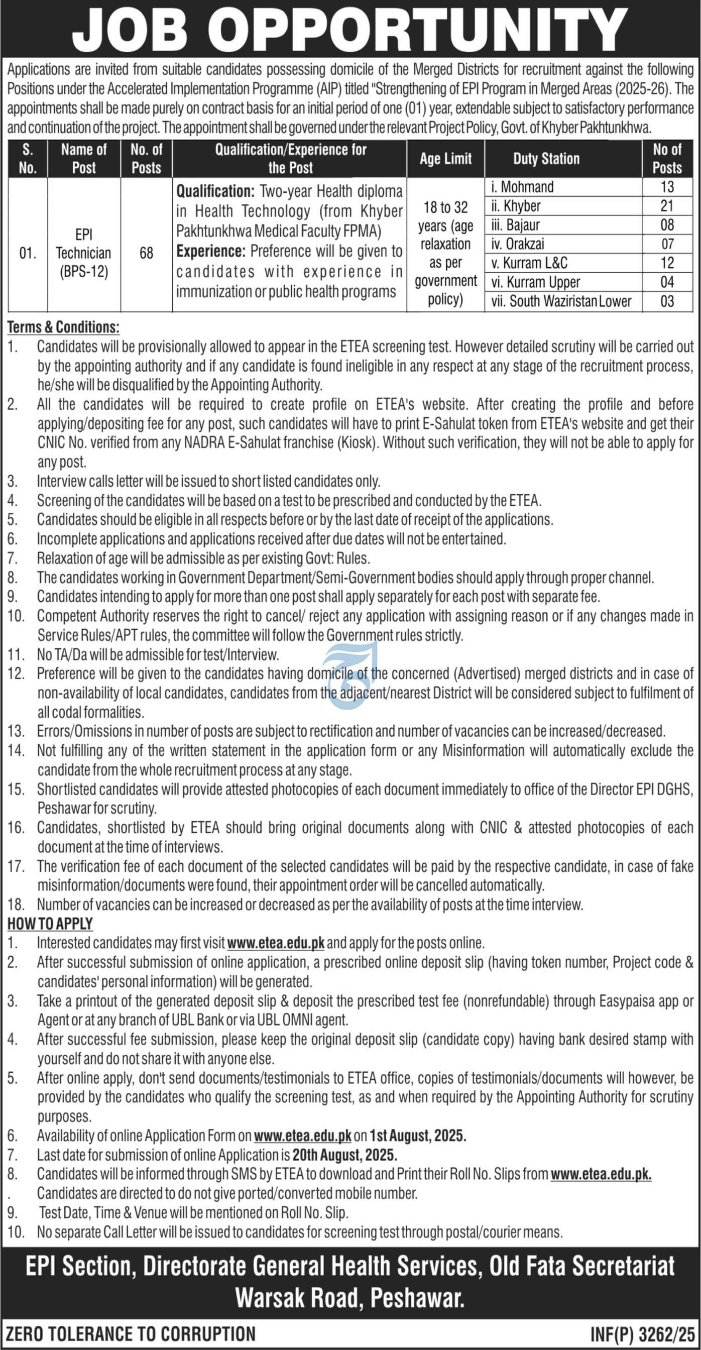 DG Health Services KP EPI Technician Jobs - EPI Program Merged Areas vacancies 2025-26
