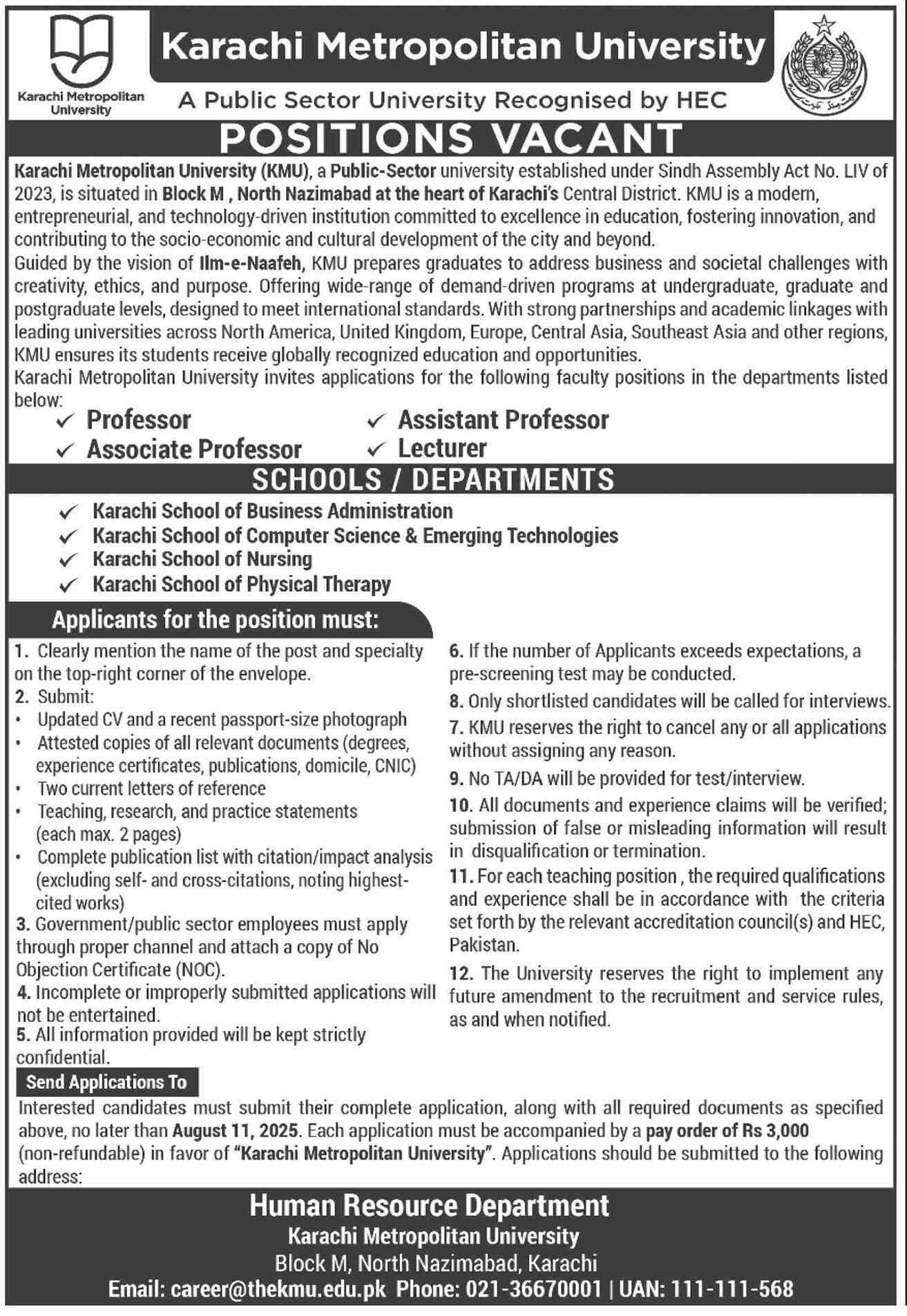 Karachi Metropolitan University (KMU) Faculty positions 07/2025