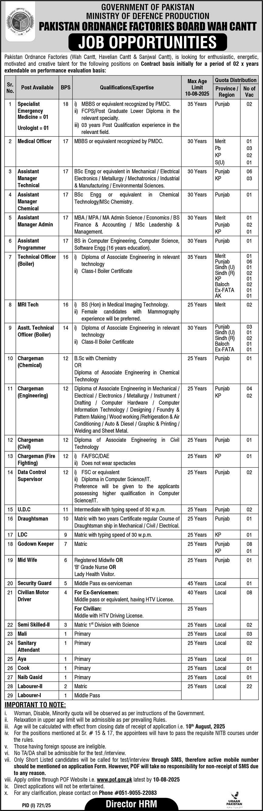 Pakistan Ordnance Factories Jobs – POF Wah, Sanjwal & Havelian Cantt Medical, Engineering, Admin & Technical Staff Vacancies 07/2025