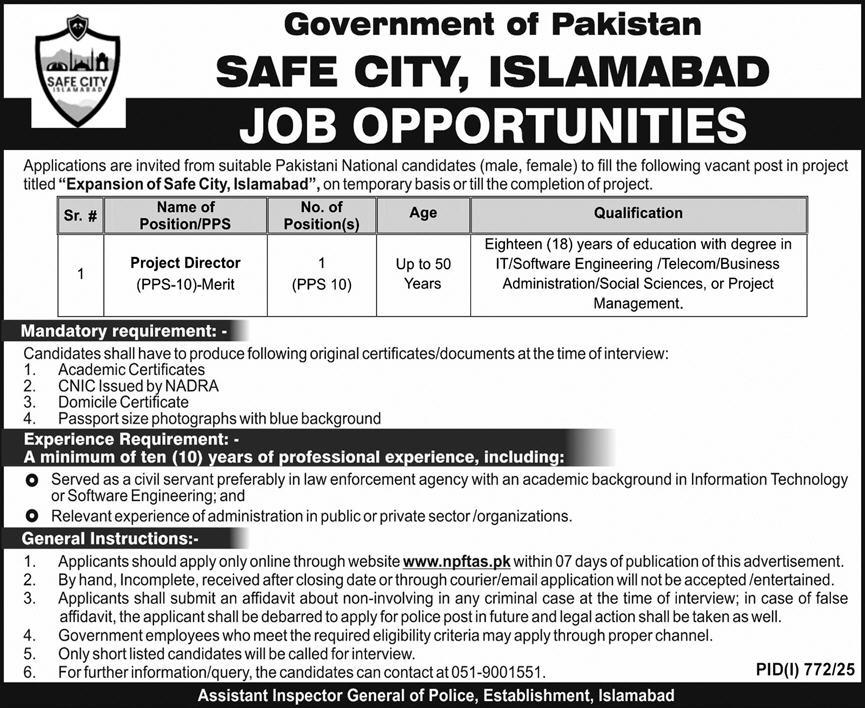 Safe City Islamabad – Expansion of Safe City: Project Director Required 07/2025