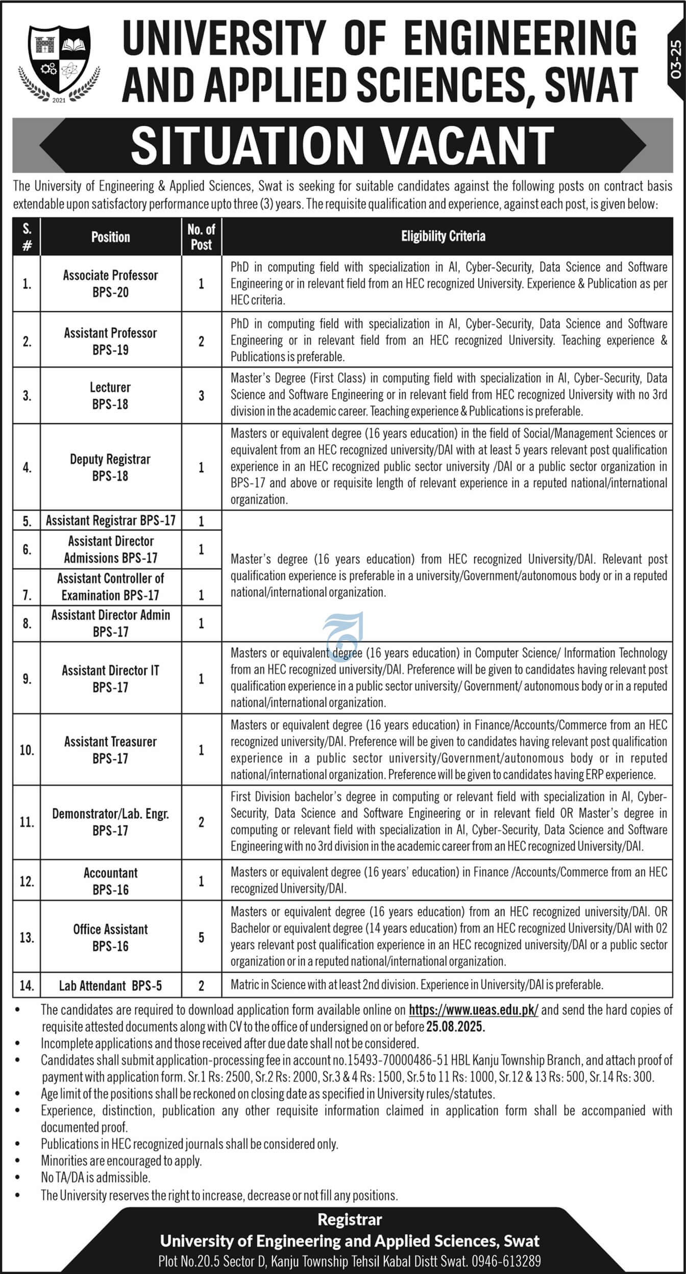**University of Engineering & Applied Sciences Swat Jobs – Teaching & Administrative Vacancies 08/2025**