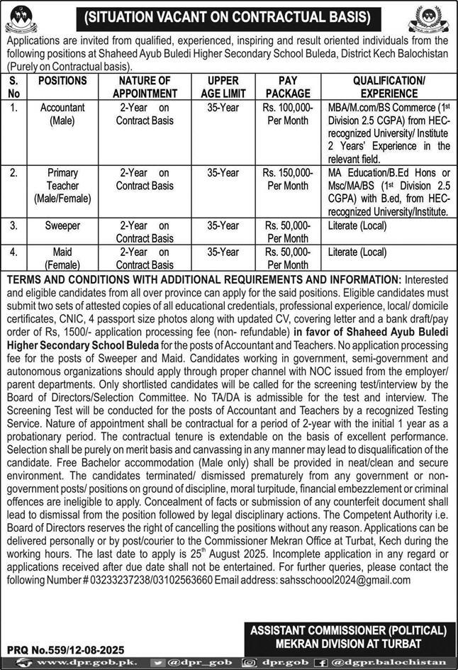 Shaheed Ayub Buledi Higher Secondary School Buleda – Teaching, Accountant & Staff Vacancies 08/2025
