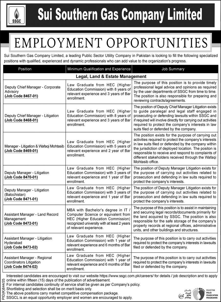 Sui Southern Gas Company Limited (SSGC) – Legal, Land & Estate Management Vacancies 09/2025