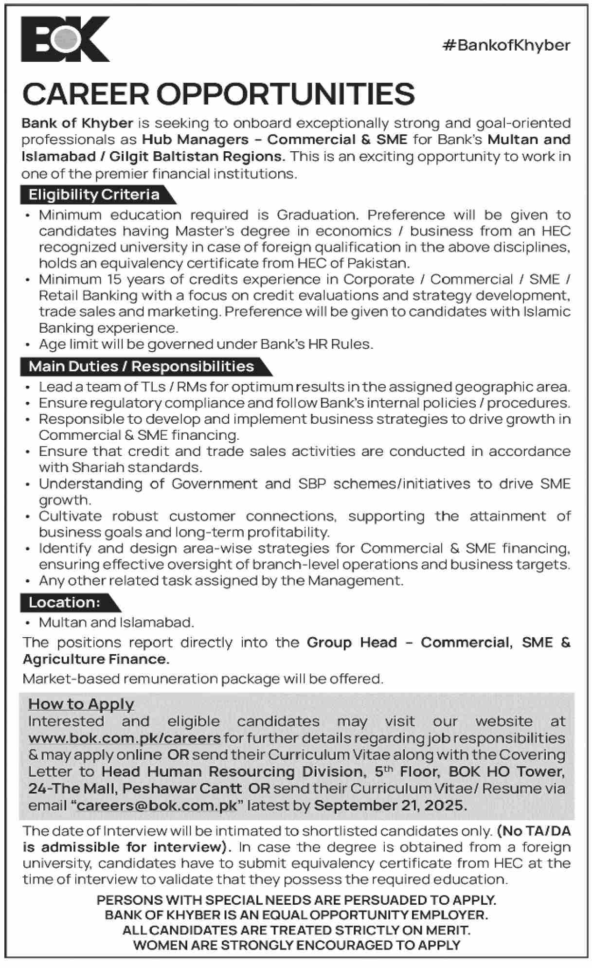 Bank of Khyber – Hub Managers (Commercial & SME) BOK Vacancies 09/2025