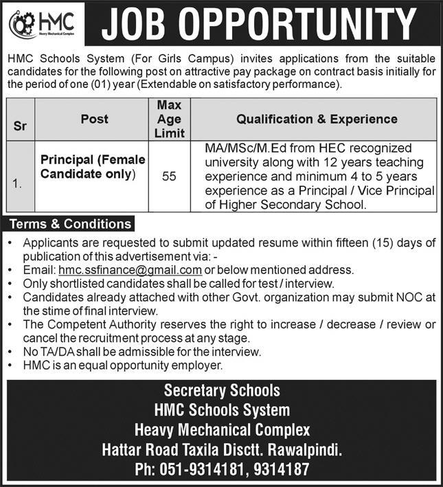 HMC Schools System Girls Campus – Female Principal Vacancy 09/2025