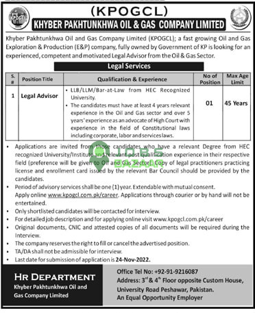 Khyber Pakhtunkhwa Oil & Gas Company Limited (KPOGDCL) - Legal Services