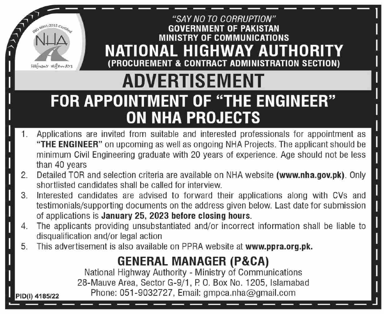 GOVERNMENT OF PAKISTAN MINISTRY OF COMMUNICATIONS NATIONAL HIGHWAY AUTHORITY (PROCUREMENT & CONTRACT ADMINISTRATION SECTION) ADVERTISEMENT