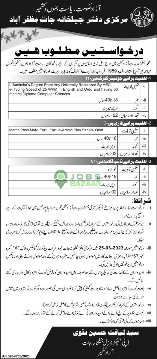 CENTRAL OFFICE PRISONS MUZAFFARABAD, JOB APPLICATIONS INVITED