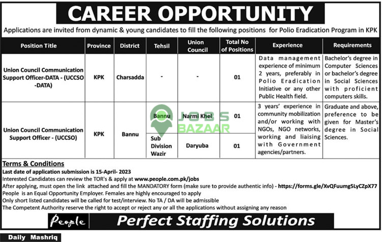 POLIO ERADICATION PROGRAM IN KPK (BANNU, CHARSADDA), CAREER OPPORTUNITY