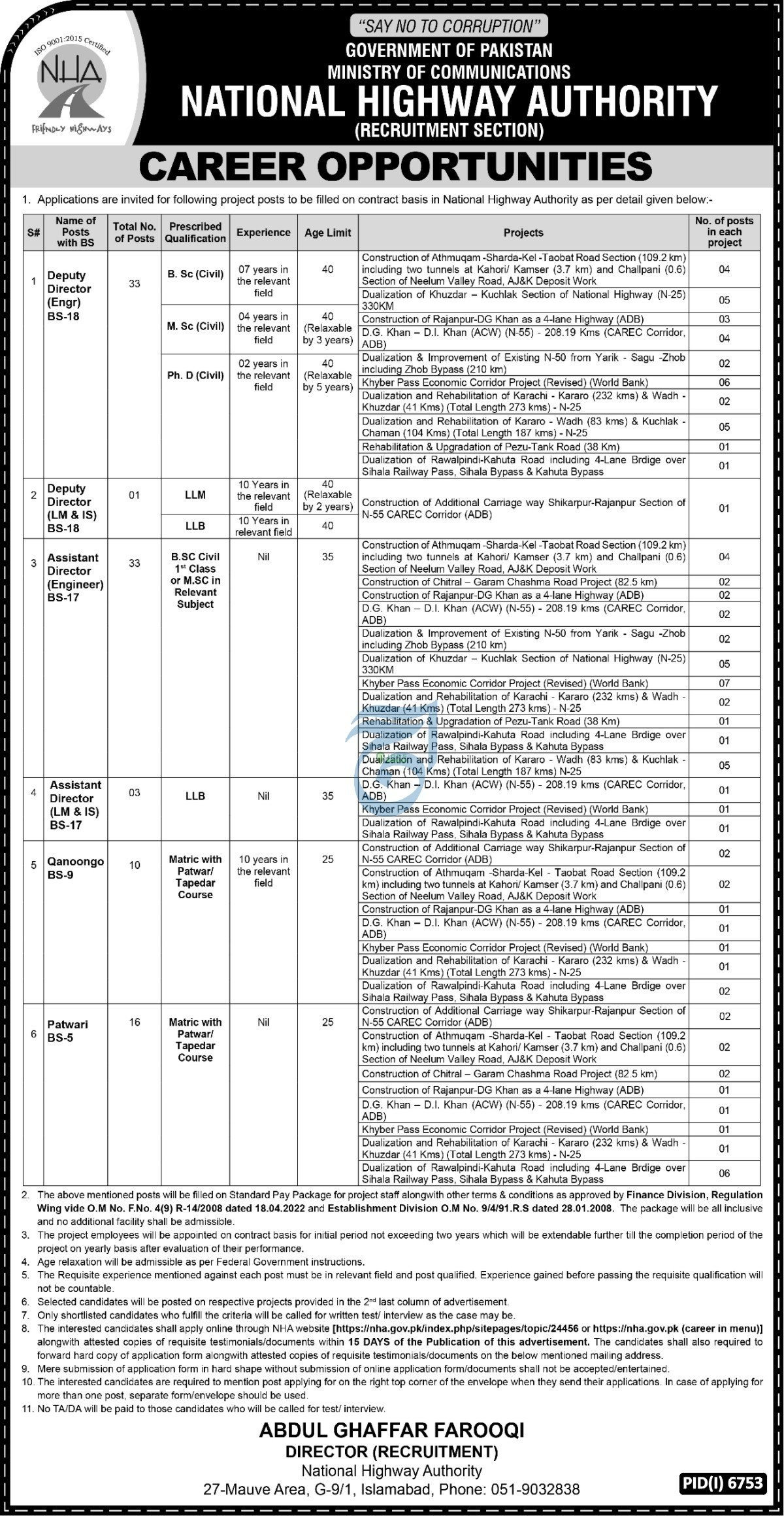 NATIONAL HIGHWAY AUTHORITY NHA, RECRUITMENT SECTION CAREER OPPORTUNITIES
