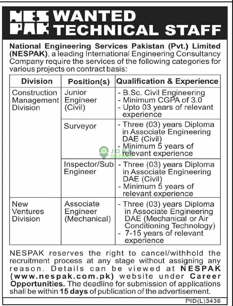NATIONAL ENGINEERING SERVICES PAKISTAN (PVT.) LIMITED (NESPAK), WANTED TECHNICAL STAFF
