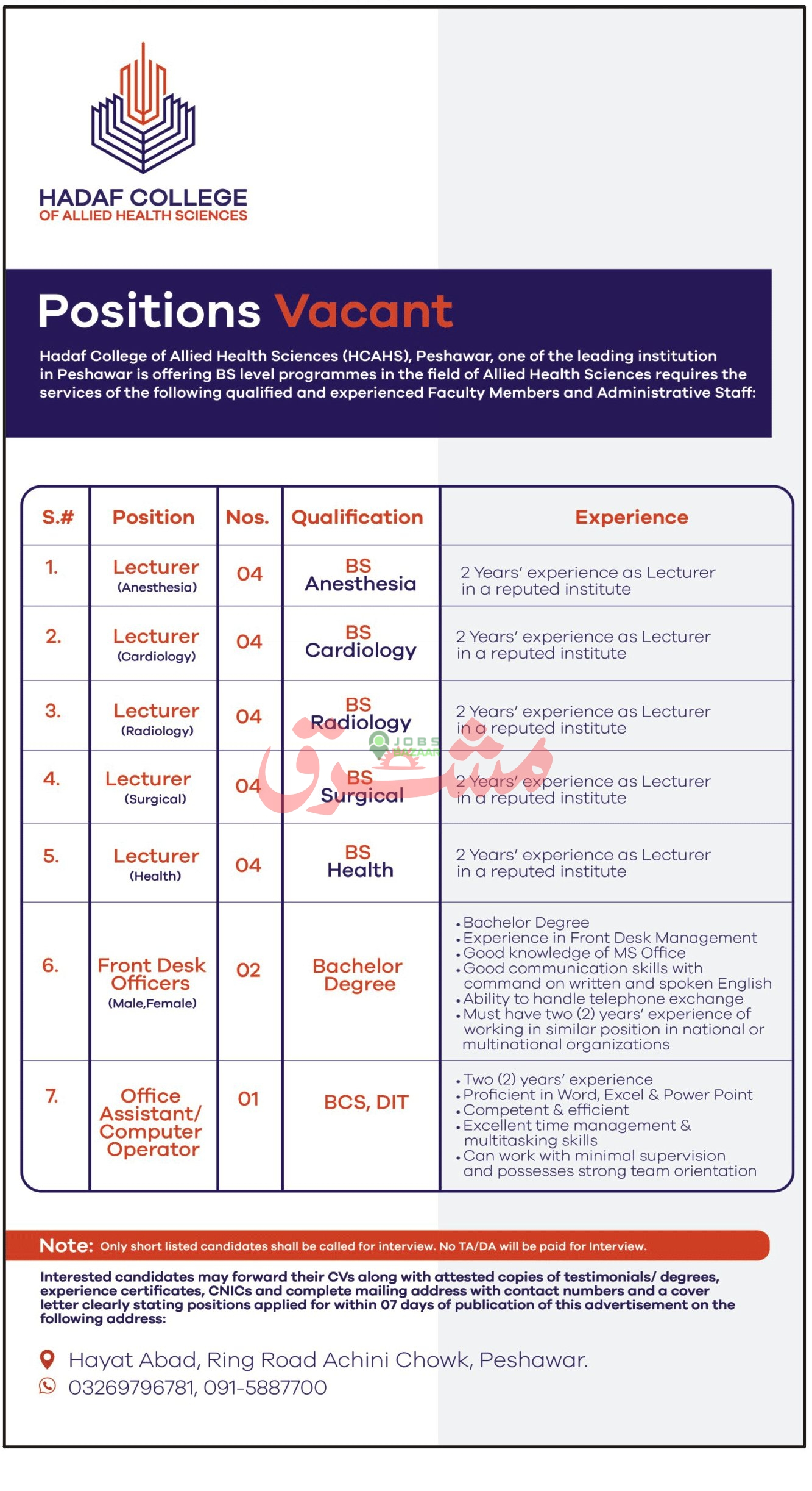 HADAF COLLEGE OF ALLIED HEALTH SCIENCES (HCAHS), POSITIONS VACANT JUNE 2023
