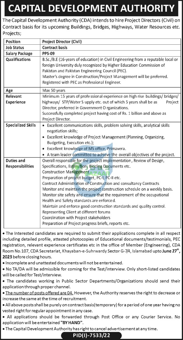 CAPITAL DEVELOPMENT AUTHORITY (CDA), HIRING (PROJECTS)