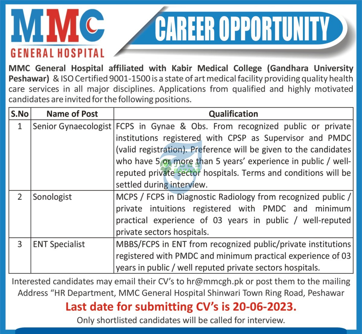 MMC GENERAL HOSPITAL/KABIR MEDICAL COLLEGE, CAREER OPPORTUNITY JUNE 2023