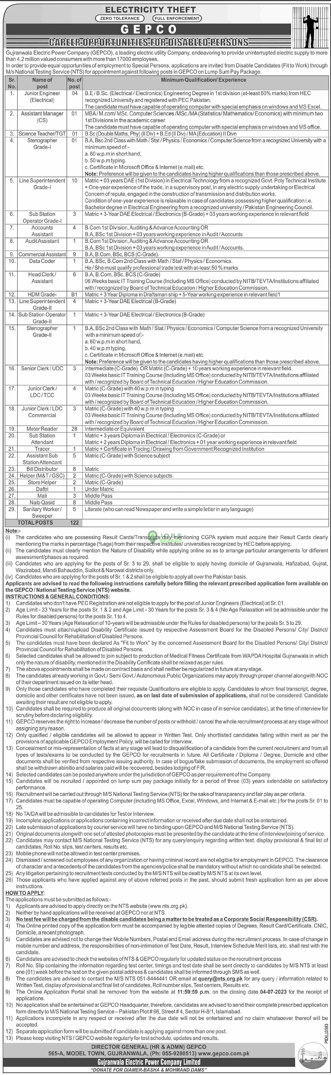 GUJRANWALA ELECTRIC POWER COMPANY (GEPCO), CAREER OPPORTUNITIES FOR DISABLED PERSONS