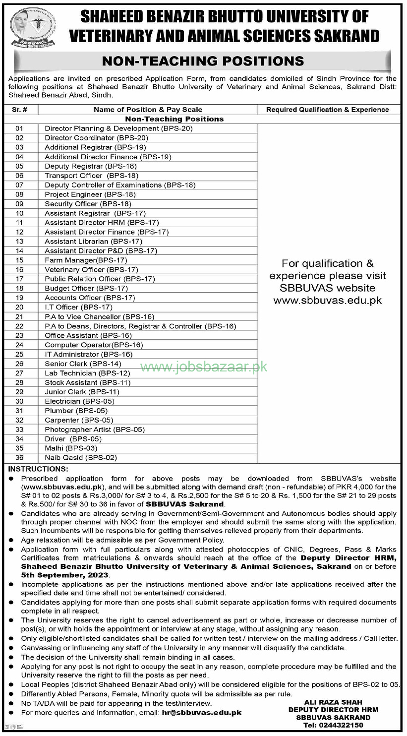 SHAHEED BENAZIR BHUTTO UNIVERSITY OF VETERINARY & ANIMAL SCIENCES SAKRAND | NON-TEACHING POSITIONS