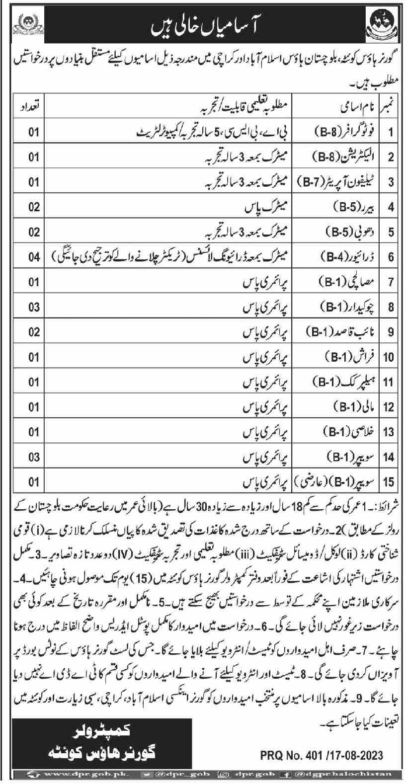 GOVERNOR HOUSE QUETTA |  BALOCHISTAN HOUSE ISLAMABAD/KARACHI | SITUATION VACANT 2023
