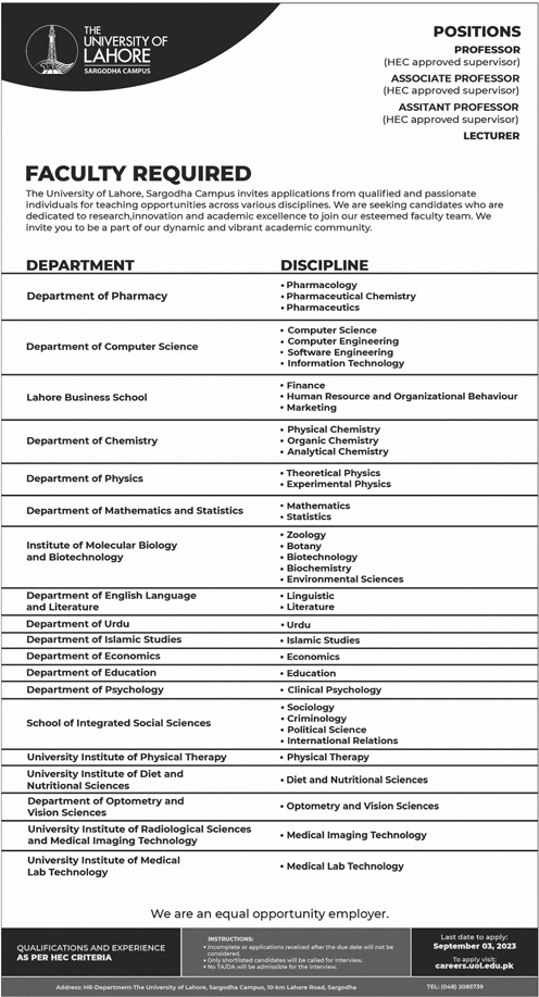 THE UNIVERSITY OF LAHORE SARGODHA CAMPUS | FACULTY REQUIRED AUGUST 2023