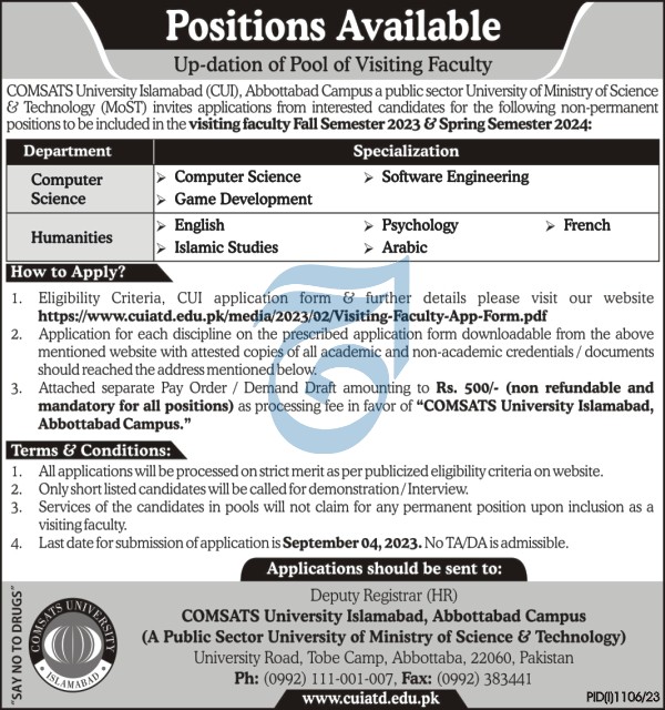 COMSATS UNIVERSITY ISLAMABAD (CUI), ABBOTTABAD CAMPUS | VISITING FACULTY FALL-2023 & SPRING-2024