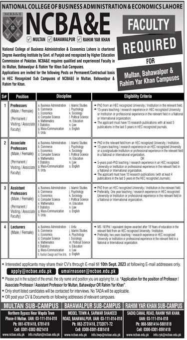 NATIONAL COLLEGE OF BUSINESS ADMINISTRATION & ECONOMICS LAHORE | FACULTY REQUIRED FOR MULTIPLE CAMPUSES 2023