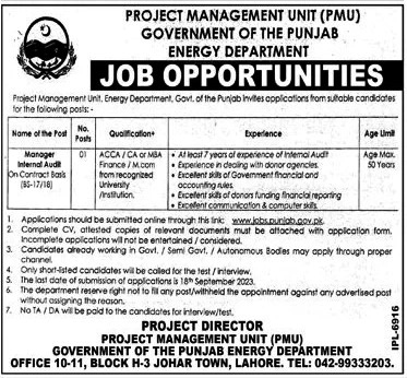 PROJECT MANAGEMENT UNIT (PMU) | ENERGY DEPARTMENT PUNJAB | JOB OPPORTUNITIES 2023