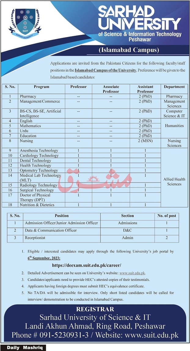 SARHAD UNIVERSITY OF SCIENCE & INFORMATION TECHNOLOGY SUIT PESHAWAR (ISLAMABAD CAMPUS) | FACULTY/STAFF POSITIONS 2023