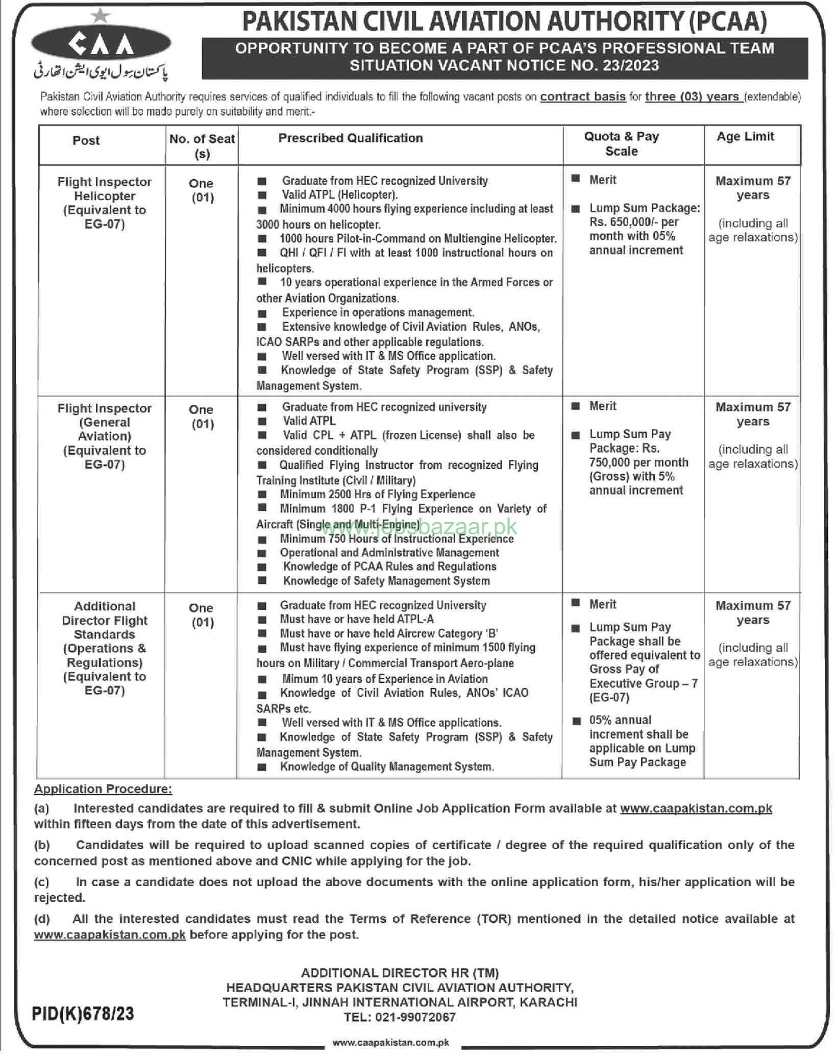 PAKISTAN CIVIL AVIATION AUTHORITY (PCAA) | SITUATION VACANT NOTICE NO. 23/2023