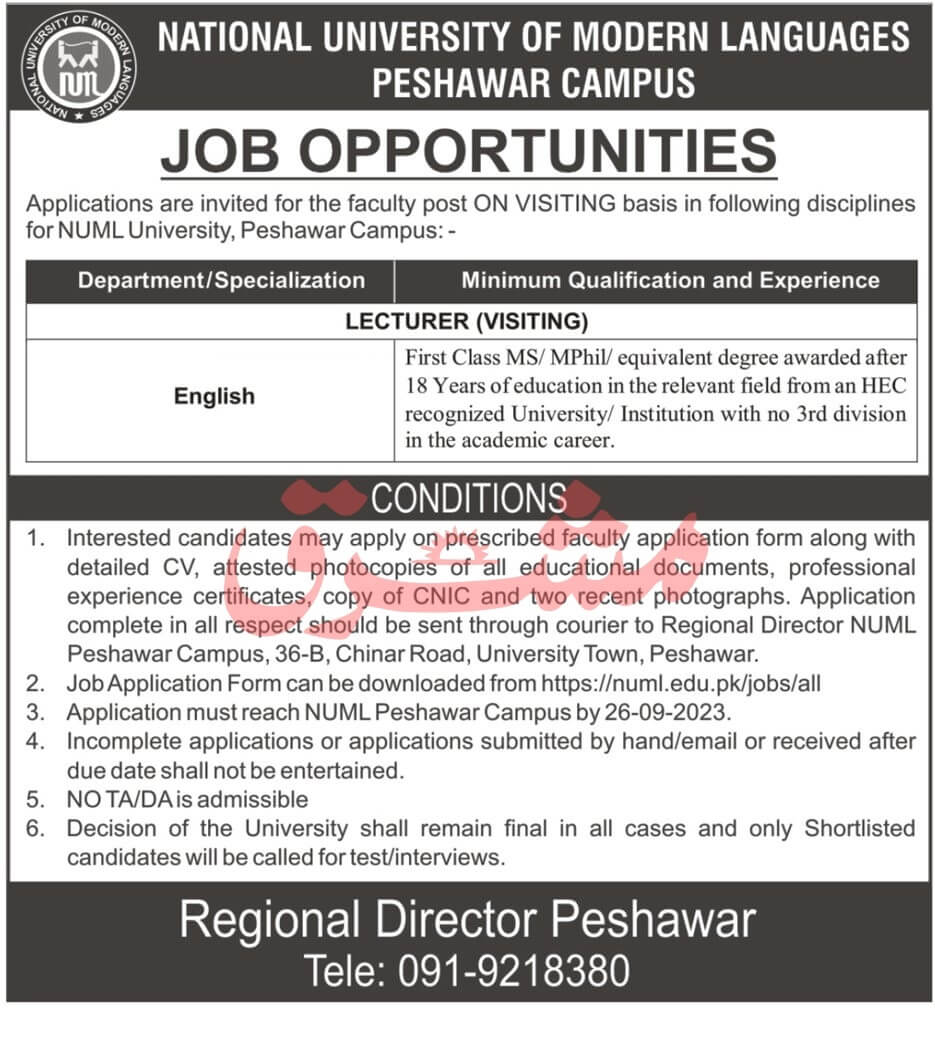NATIONAL UNIVERSITY OF MODERN LANGUAGES (NUML) PESHAWAR CAMPUS | LECTURER (VISITING) 2023