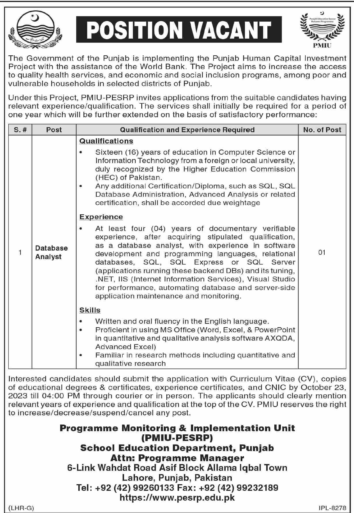 SCHOOL EDUCATION DEPARTMENT PUNJAB | PROGRAMME MONITORING & IMPLEMENTATION UNIT (PMIU-PESRP) | POSITION VACANT OCT 2023