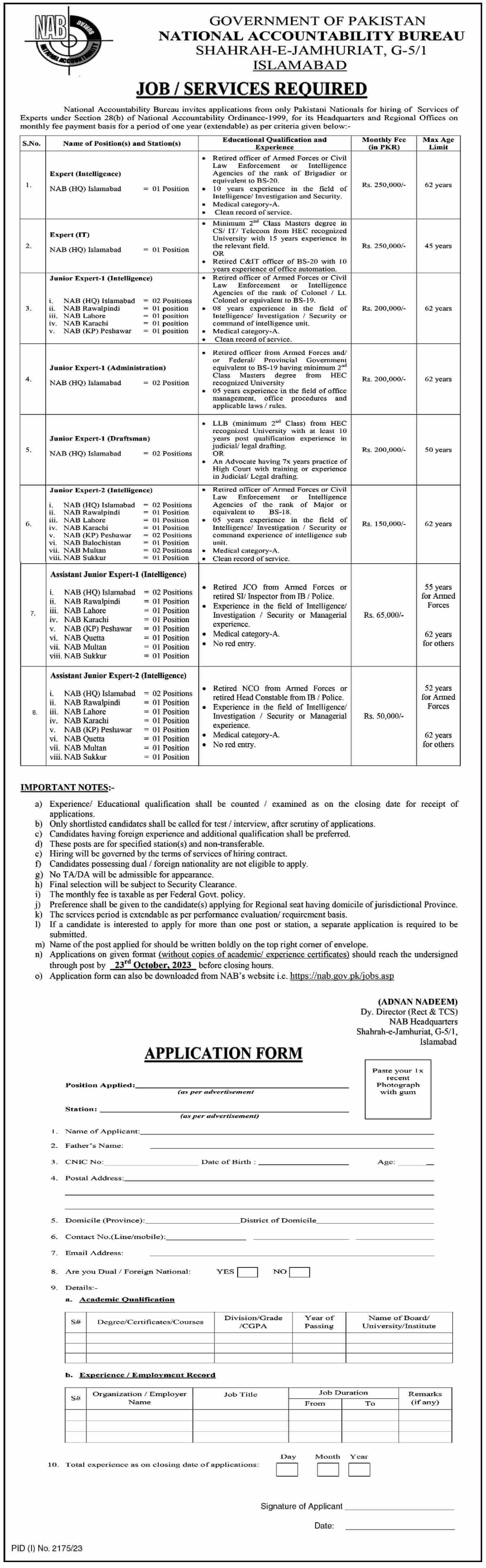 NATIONAL ACCOUNTABILITY BUREAU (NAB) | JOB/SERVICES REQUIRED AT HQ/RHQ OCT 2023