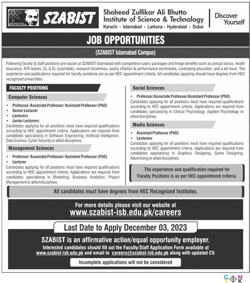 SZABIST ISLAMABAD CAMPUS | FACULTY POSITIONS (MULTIPLE DEPARTMENTS) NOV 2023